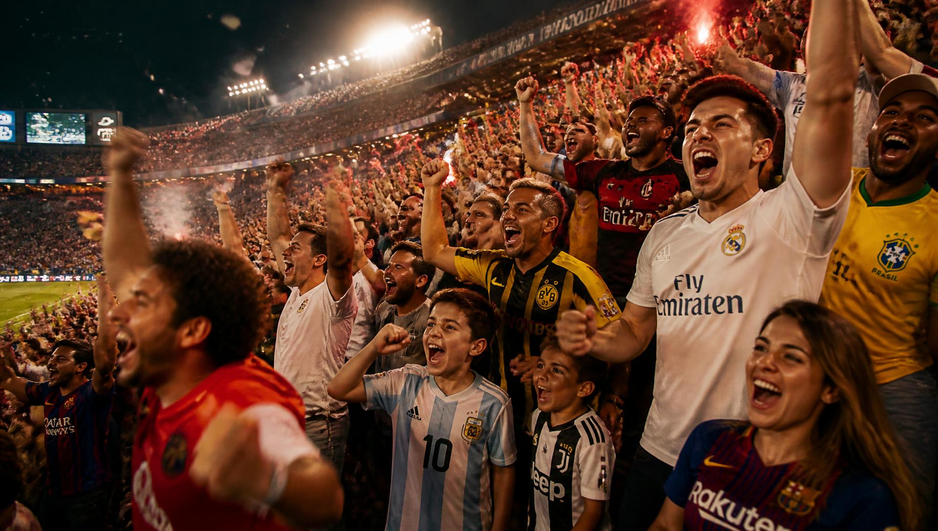 Torcedores homens, mulheres e crianças celebrando um gol com camisas de clubes